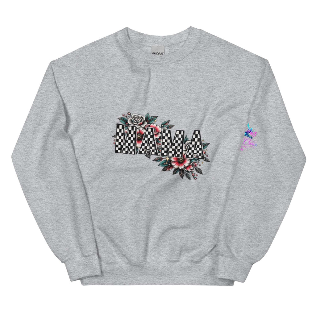 Unisex sweatshirt with black-and-white checkered MAMA graphic and vintage floral design