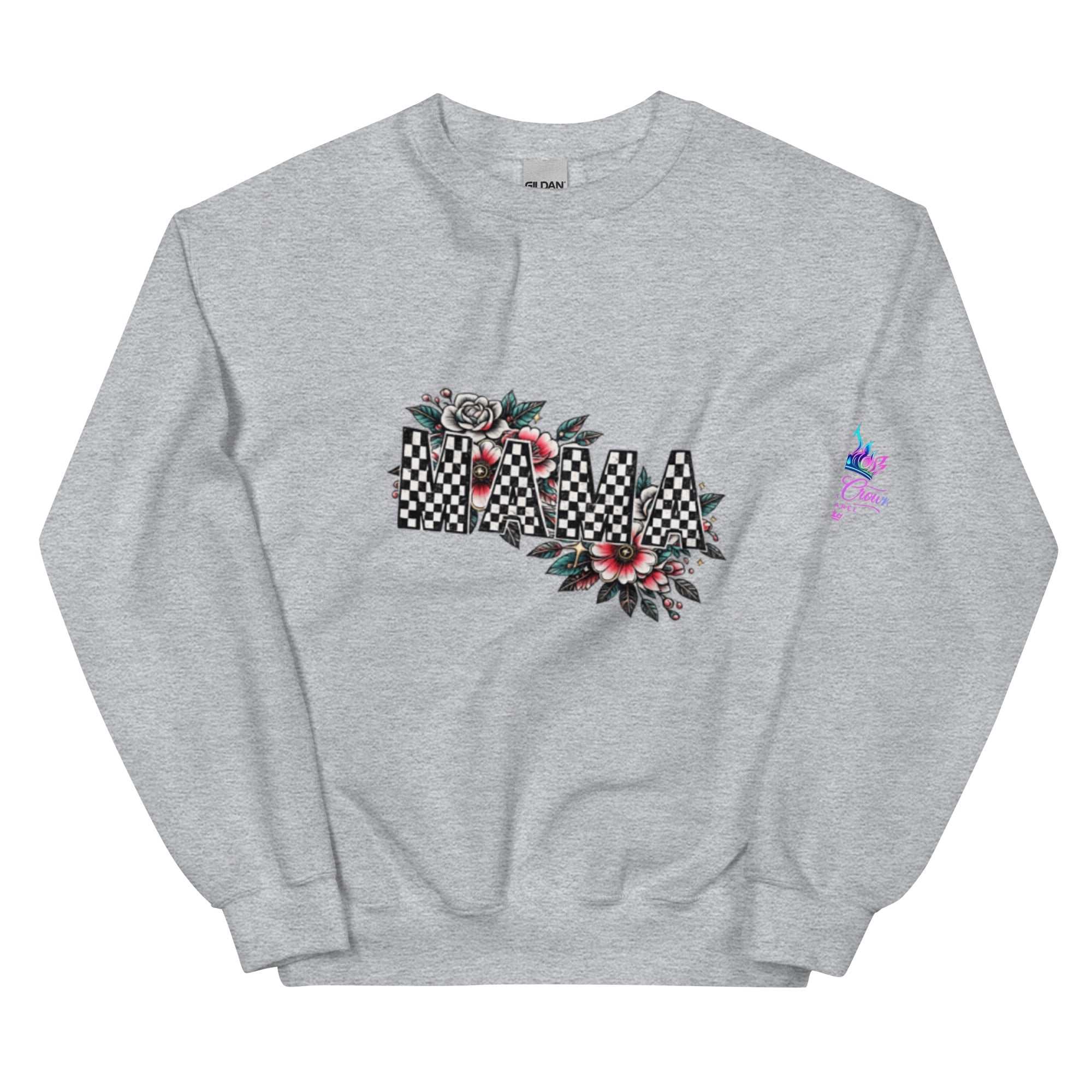 Unisex sweatshirt with black-and-white checkered MAMA graphic and vintage floral design